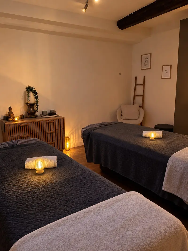 Cabine duo, deux tables de massage côte à côte à la lueur des bougies