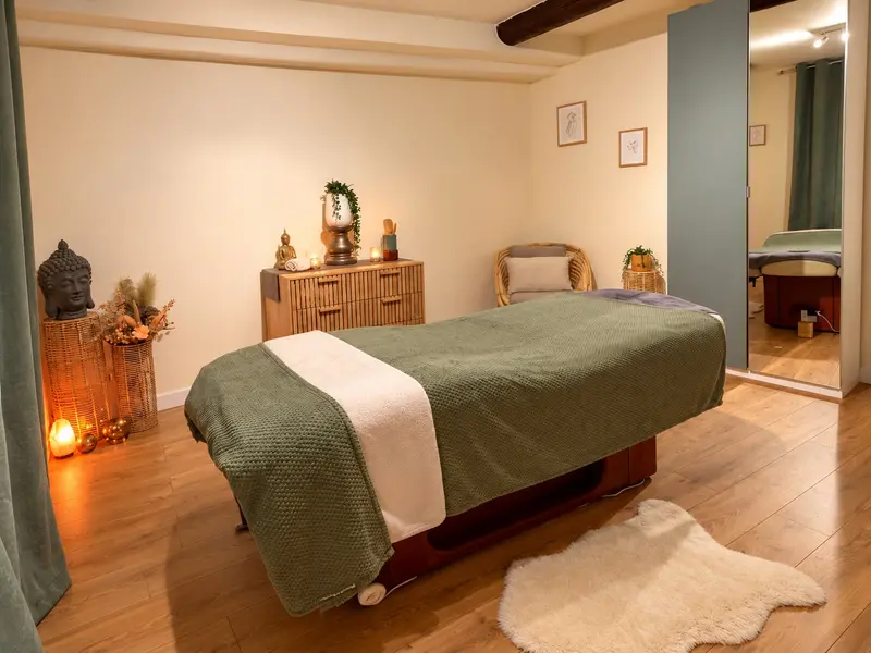 La cabine de massage, table habillée de vert, bougies et fauteuil en rotin