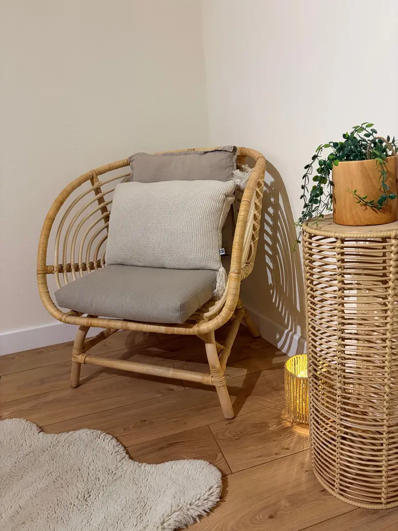 Fauteuil en rotin, coussin et plante dans un coin du salon