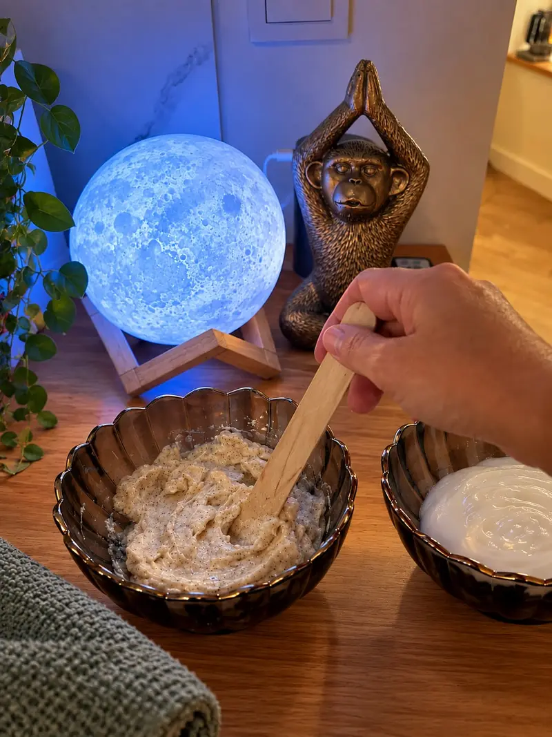 Préparation d’un soin corps dans des bols en bois, à côté d’une lampe lune