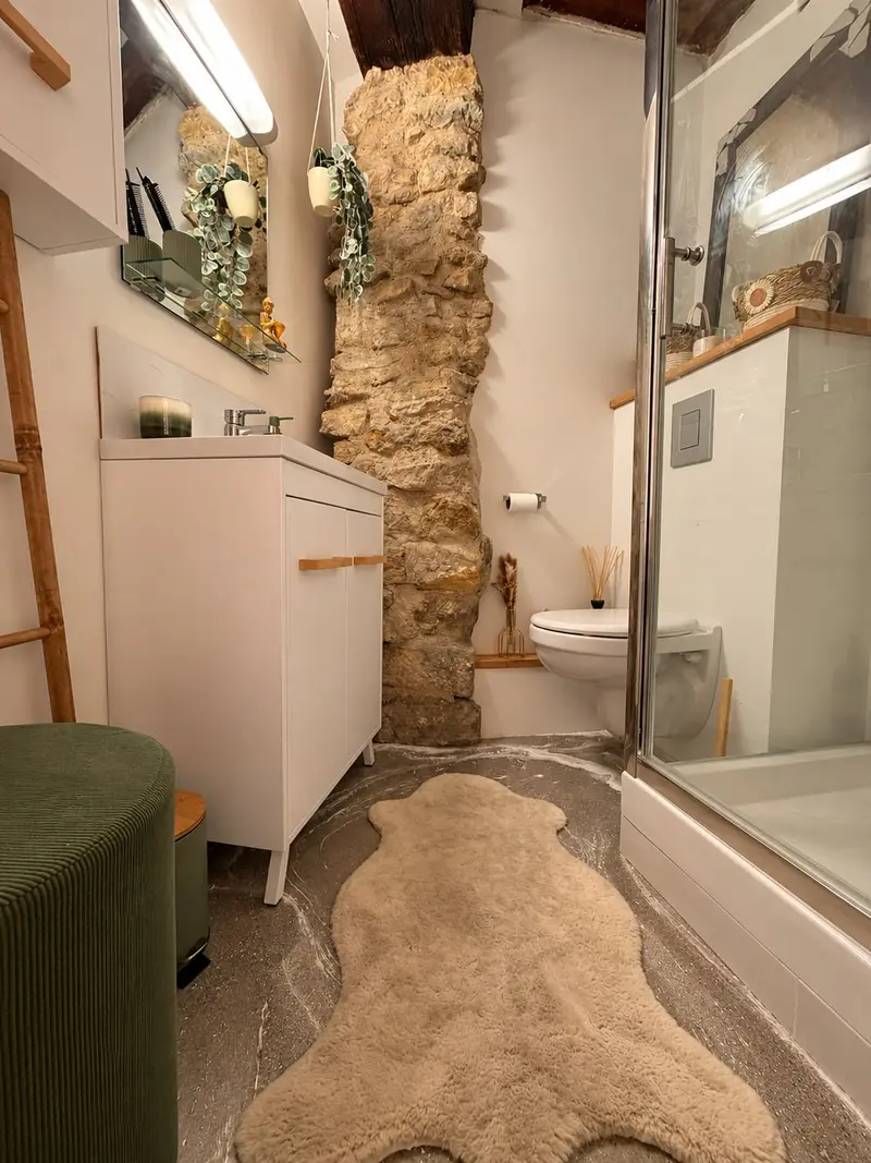 Salle d’eau avec douche à l’italienne, mur en pierre et tapis moelleux